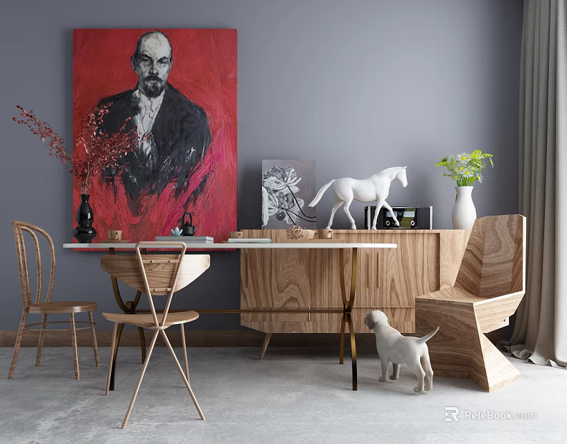 Wooden Dining Table Set With Chairs Red Portrait Painting White Horse Sculpture And Green Plants 3d model 