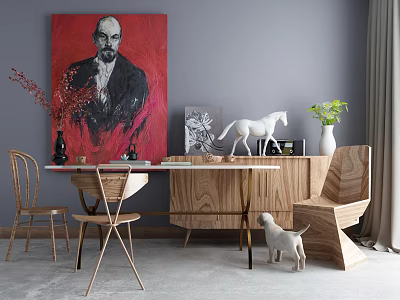 Wooden Dining Table Set With Chairs Red Portrait Painting White Horse Sculpture And Green Plants 3d model