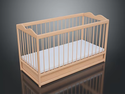 Classic Wooden Baby Crib Furniture With White Mattress And Safety Railings 3d model