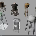Various Water Storage Equipment Including Wooden And Metal Water Towers With Different Designs