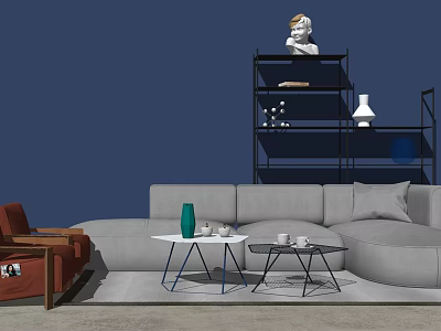 Gray L Shaped Sofa Coffee Tables With Dark Blue Wall Black Metal Frame Brown Armchair 3d model