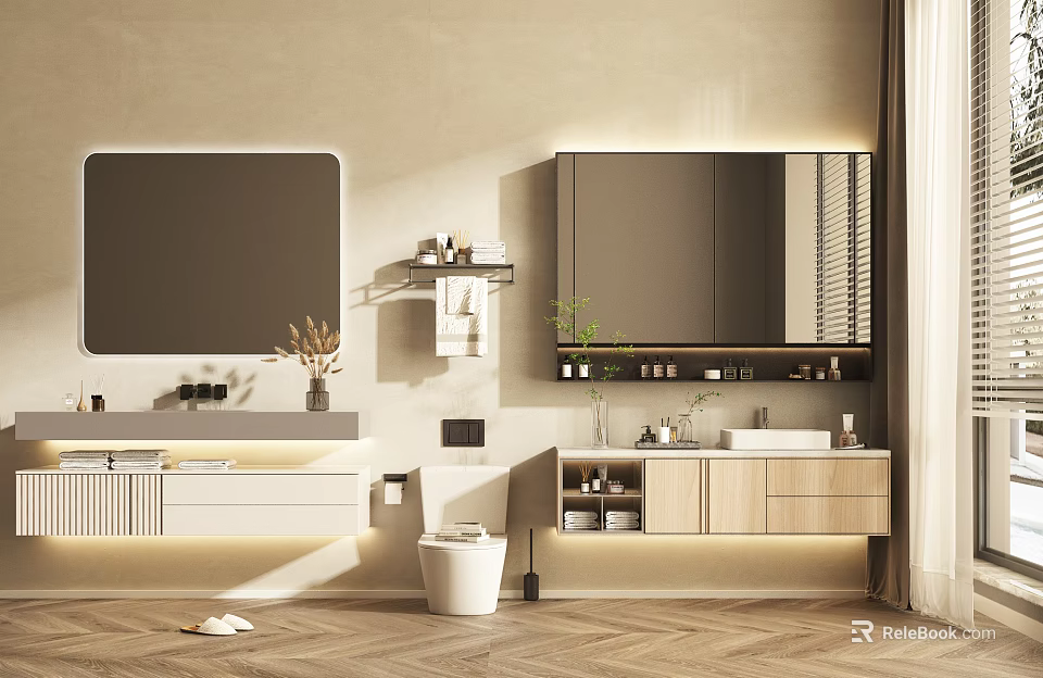Modern Bathroom Vanity With Large Mirror Storage Cabinets And Warm Ambient Lighting 3d model 