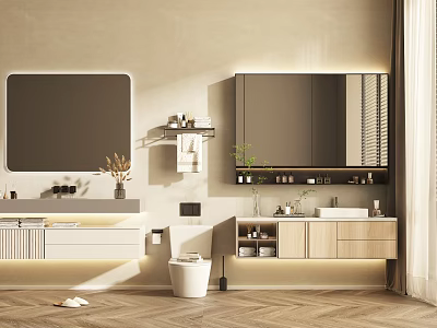 Modern Bathroom Vanity With Large Mirror Storage Cabinets And Warm Ambient Lighting 3d model
