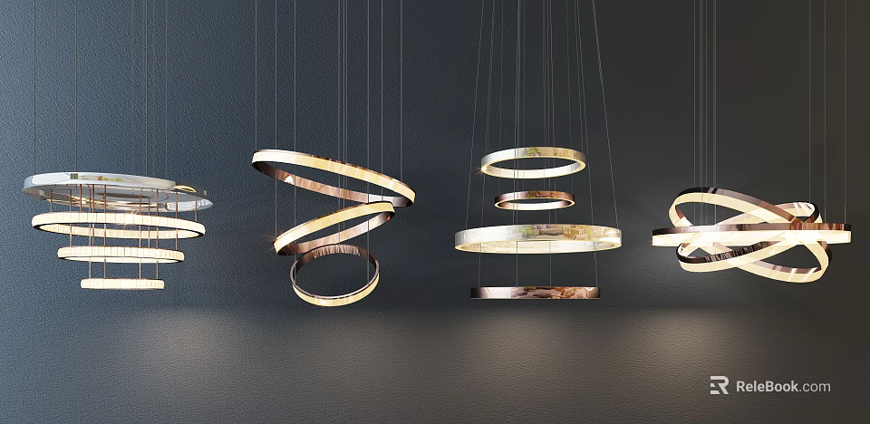 Abstract Pendant Lights With Circular Spiral And Ring Designs Hanging From Modern Ceiling 3d model 