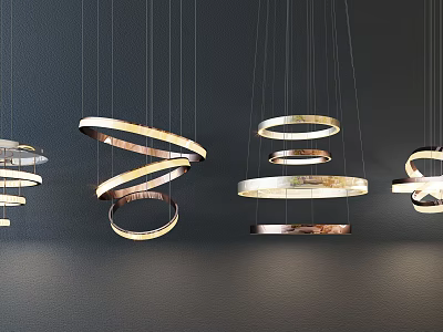 Abstract Pendant Lights With Circular Spiral And Ring Designs Hanging From Modern Ceiling 3d model