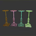 Four Small Tables Different Colors Three Red One White Carved Bases Dark Gradient Background
