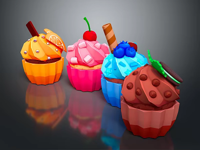 Colorful Cupcakes With Cherry Blueberry Chocolate Toppings Orange Slices And Mint Leaves 3d model