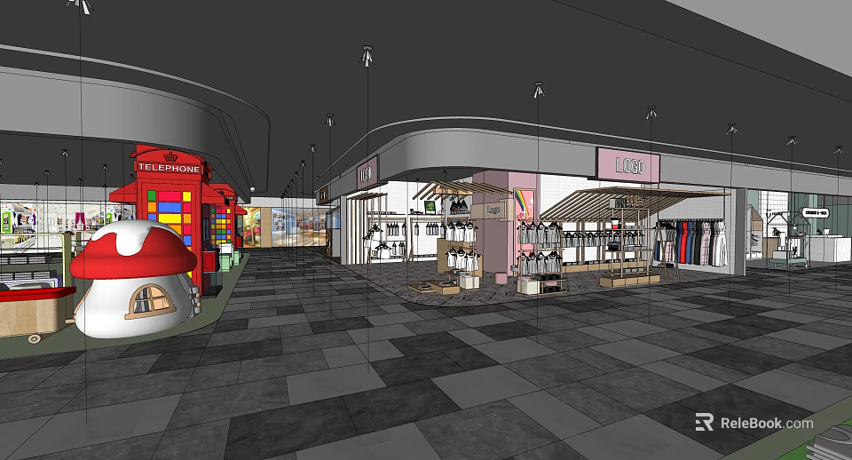 Shopping Mall Interior With Various Retail Stores Product Displays Mushroom Shaped Hut And Red Signage 3d model 