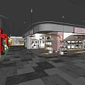 Shopping Mall Interior With Various Retail Stores Product Displays Mushroom Shaped Hut And Red Signage