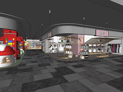 Shopping Mall Interior With Various Retail Stores Product Displays Mushroom Shaped Hut And Red Signage 3d model