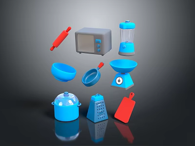 Modern Kitchen Scene With Microwave And Blender Rolling Pin Bowl Pot Grater Cutting Board 3d model