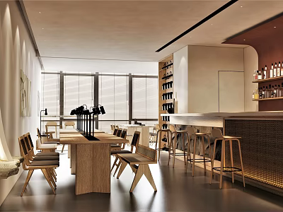 Modern Bar Interior Design With Wooden Furniture Bar Counter Wine Racks And Large Windows 3d model