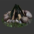 Circular Garden Decor With Stacked Wood Logs Surrounding Stones And Green Grass
