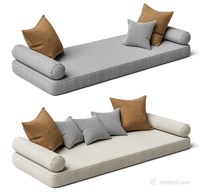 Elegant Gray And Beige Sofa With Brown Gray Checkered Decorative Pillows 3d model 