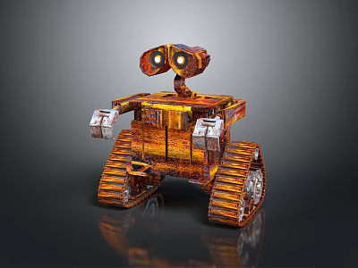 Rusty Orange Robot Character With Large Eyes Tracked Treads And Metallic Texture Design 3d model