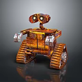 Rusty Orange Robot Character With Large Eyes Tracked Treads And Metallic Texture Design