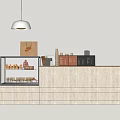 Light Wooden Bar Counter With White Pendant Light Glass Display Case And Coffee Packages