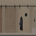Wooden Barn Doors With Grid Perforated Panels And Clothing Hooks For Minimalist Interior
