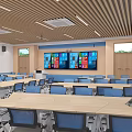 Modern School Classroom Interior With Folding Desks Chairs And Screens