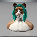 3D Anthropomorphic Cat Character With Green Hair White Brown Torso Sculpture