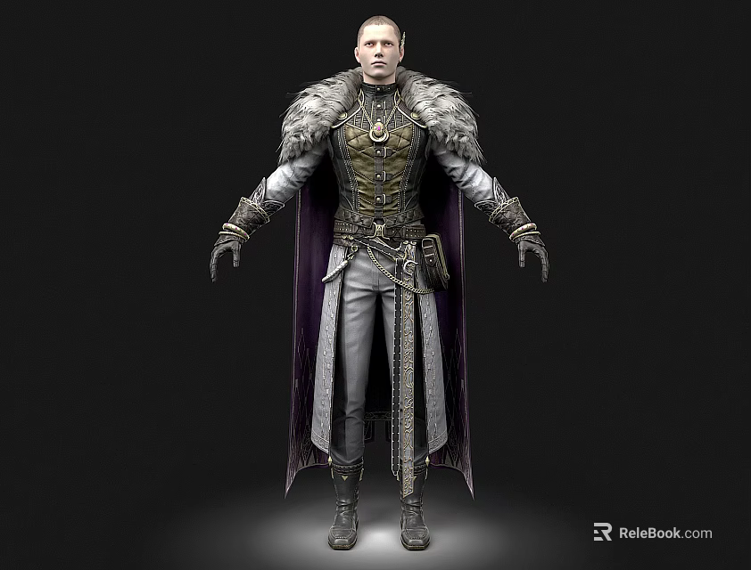 Man In Ornate Medieval Outfit With Fur Trimmed Cloak And Metallic Armor Details 3d model 