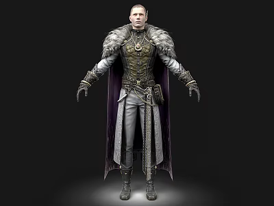 Man In Ornate Medieval Outfit With Fur Trimmed Cloak And Metallic Armor Details 3d model
