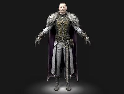 Man In Ornate Medieval Outfit With Fur Trimmed Cloak And Metallic Armor Details 3d model