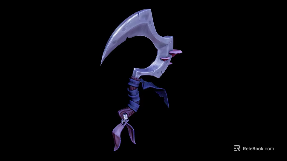 Detailed Fantasy Purple Silver Scythe With Curved Blade And Ornate Bindings 3d model 