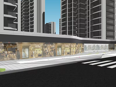 Modern Urban Commercial Street With High Rise Buildings And Glass Storefronts 3d model
