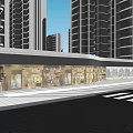 Modern Urban Commercial Street With High Rise Buildings And Glass Storefronts