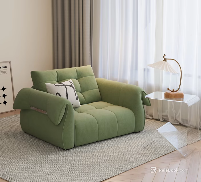 Green Modern Single Sofa With Accent Pillow And Clear Side Table In Living Room 3d model 