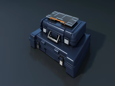 Dark blue stacked boxes with smaller box on top and black tray with orange part 3d model