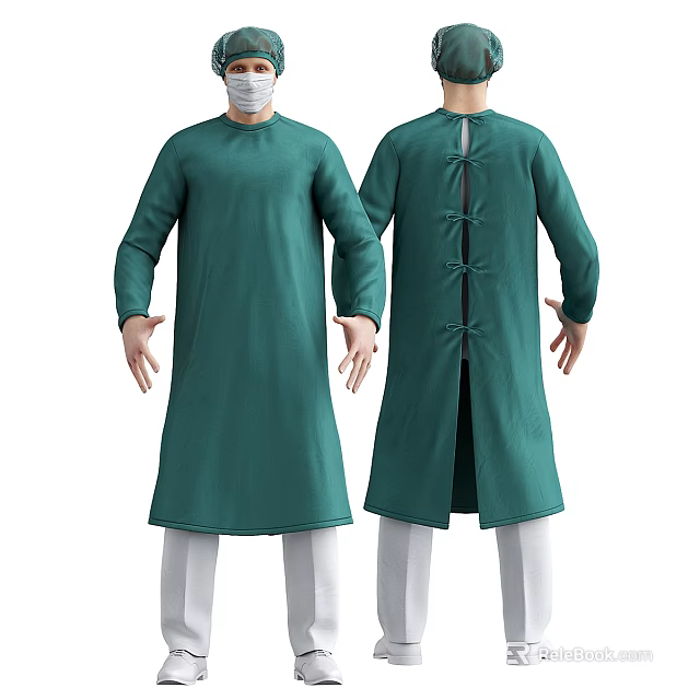Man in Green Surgical Gown Displaying Front and Back Views with Long Sleeves Tie Closure 3d model 