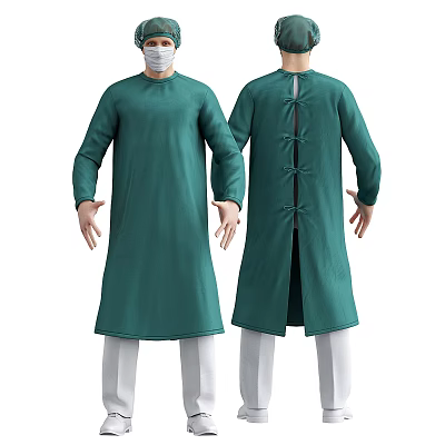 Man in Green Surgical Gown Displaying Front and Back Views with Long Sleeves Tie Closure 3d model