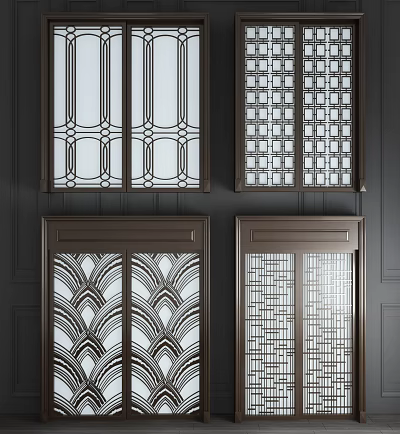 Elegant Modern Sliding Doors With Intricate Geometric And Fan Shaped Patterns 3d model