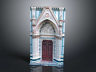 Classic Architectural Design Featuring Ornate Arched Doorway And Wooden Door With Colorful Decorations 3d model