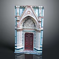 Classic Architectural Design Featuring Ornate Arched Doorway And Wooden Door With Colorful Decorations