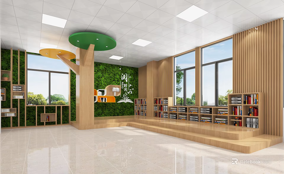 School Library Interior With Green Wall Colorful Circular Decor And Large Windows 3d model 