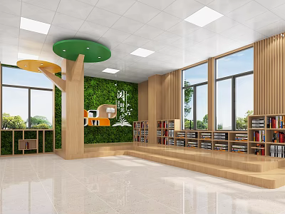 School Library Interior With Green Wall Colorful Circular Decor And Large Windows 3d model