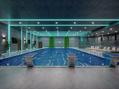 Modern Indoor Swimming Pool Interior With Blue Water White Lounge Seats And Ceiling Lights 3d model