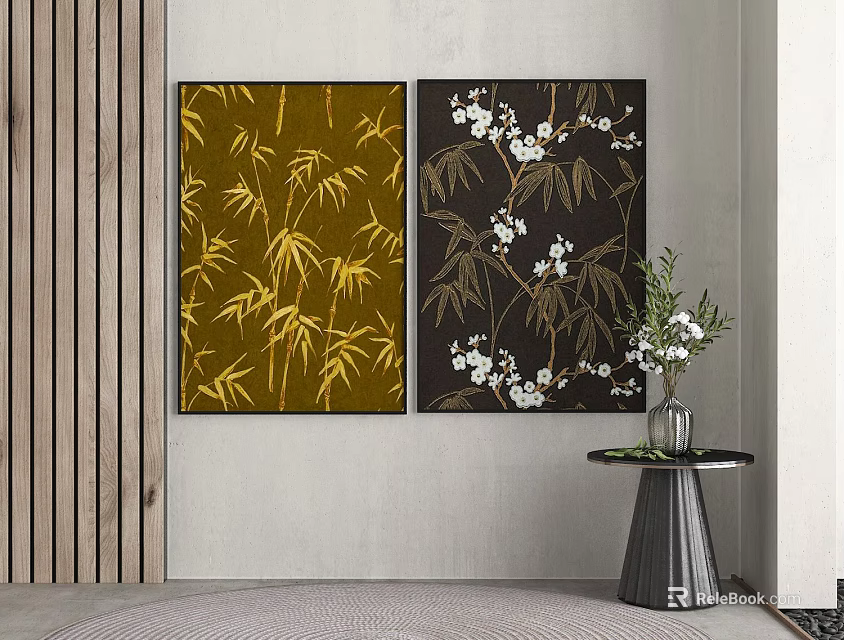 Stylish Plant Paintings with Bamboo Leaves and Plum Blossoms in Interior Wall Decor 3d model 