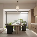 Modern Open Concept Dining Room With Pendant Light Dining Table Chairs Cabinets And Plants 3d model