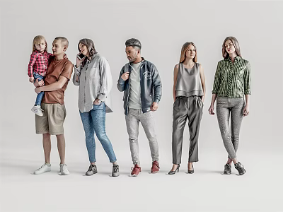 Diverse Group of Six People Including a Child Standing in Casual Outfits on White Background 3d model