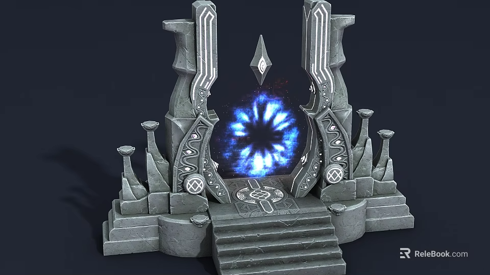 Mystical Ancient Stone Structure With Blue Glowing Center Decorative Pillars And Steps 3d model 