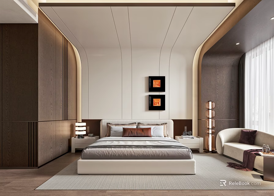 Modern Elegant Bedroom Interior Design With Bed Decorative Paintings Floor Lamp And Sofa 3d model 