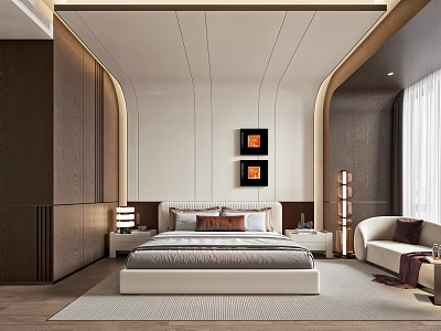 Modern Elegant Bedroom Interior Design With Bed Decorative Paintings Floor Lamp And Sofa 3d model