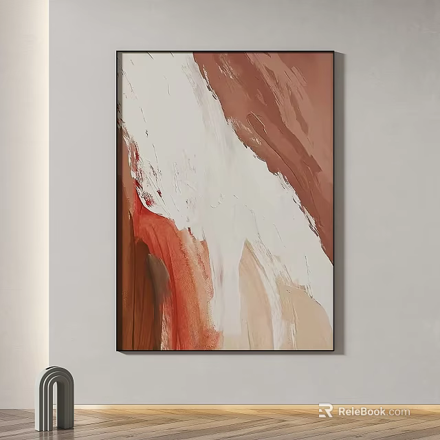Modern Abstract Painting With White Brown Red Beige Brushstrokes Hanging On Wall 3d model 