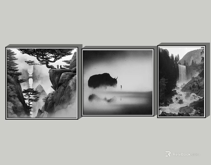 Three Black and White Landscape Paintings with Mountain Pine Reflection Cow Person Mist Waterfall Forest 3d model 