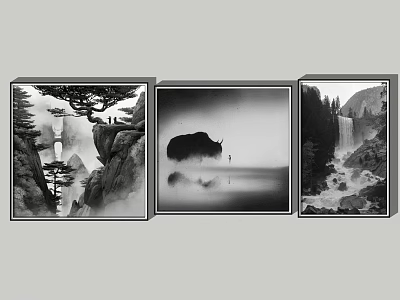 Three Black and White Landscape Paintings with Mountain Pine Reflection Cow Person Mist Waterfall Forest 3d model
