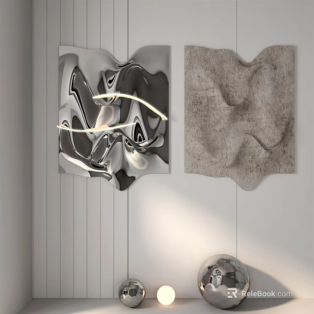 Modern Abstract Wall Decor With Black White Patterns And Textured Gray Fabric 3d model